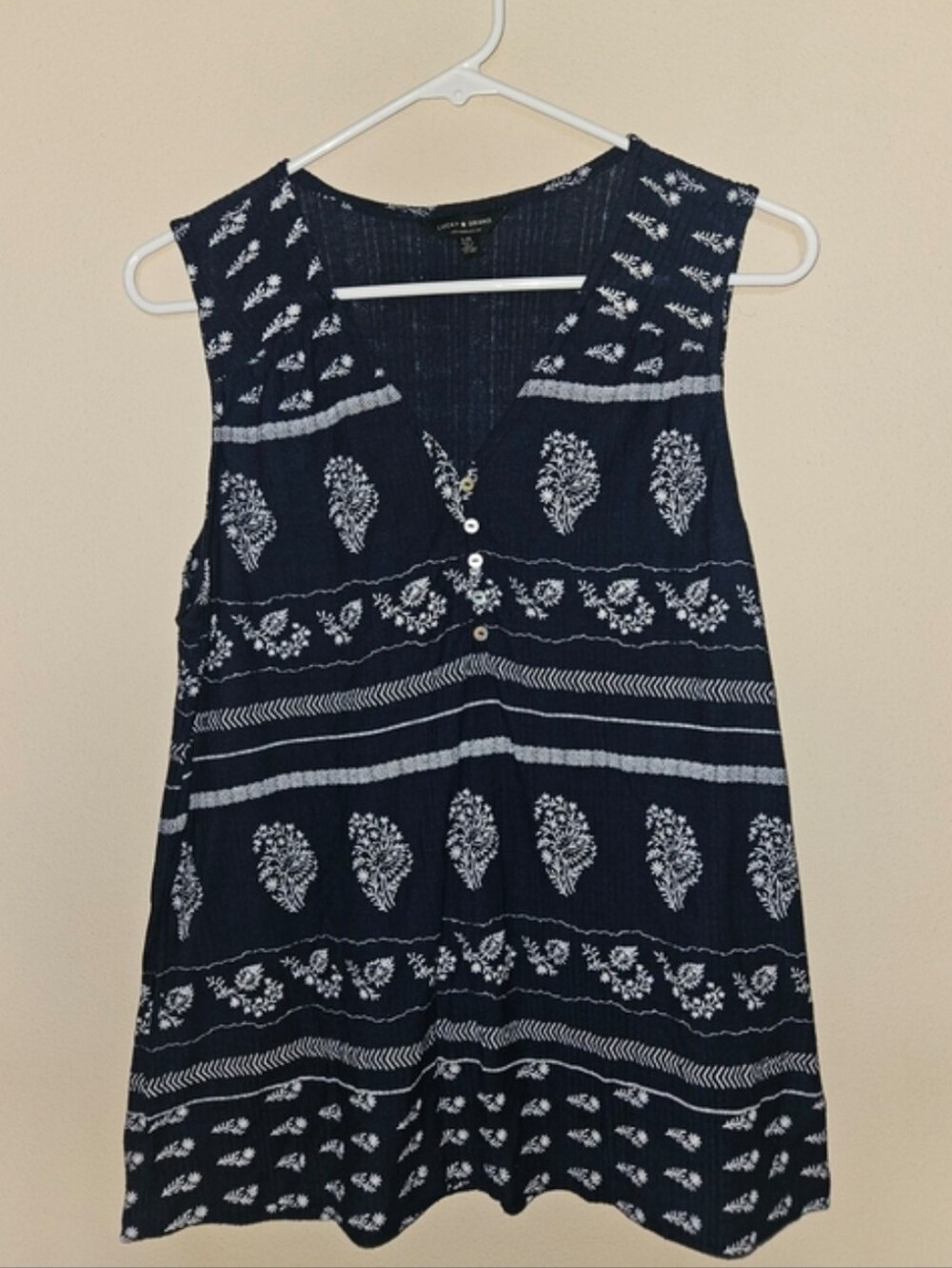 Lucky Brand Navy Blue Sleeveless Paisley Henley Tunic